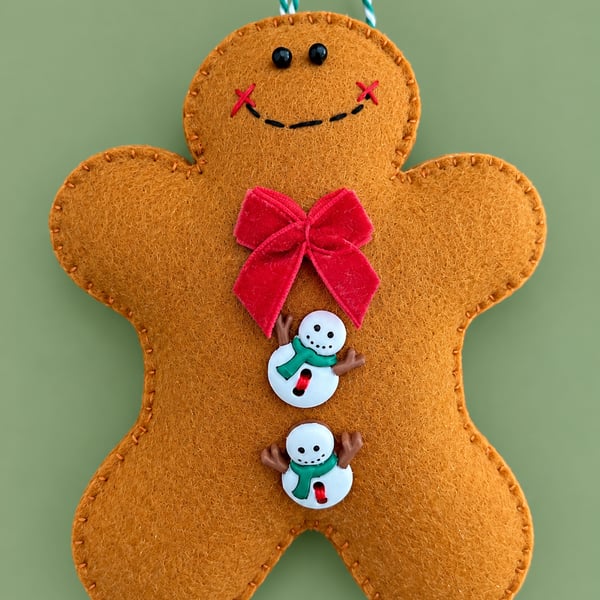 Handmade Felt Gingerbread Man Christmas Decoration – Snowman Buttons & Red Bow