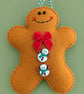 Handmade Felt Gingerbread Man Christmas Decoration – Snowman Buttons & Red Bow