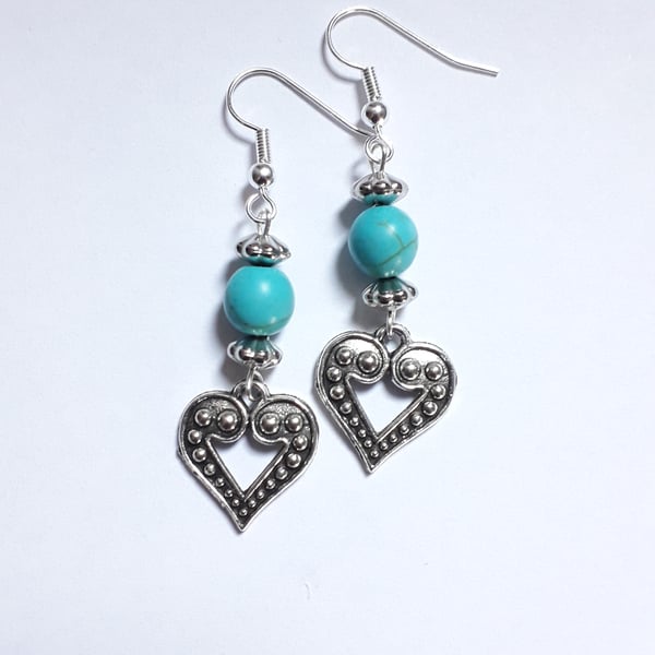 Turquoise Bead Heart Earrings