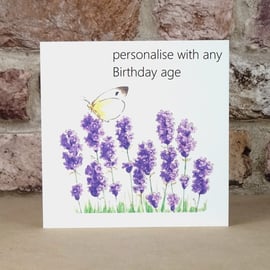 Birthday Card Lavender Butterfly - Personalise with any age eco friendly