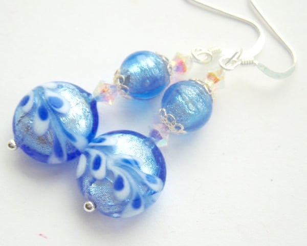 Blue handmade Murano glass earrings with Swarovski and sterling silver