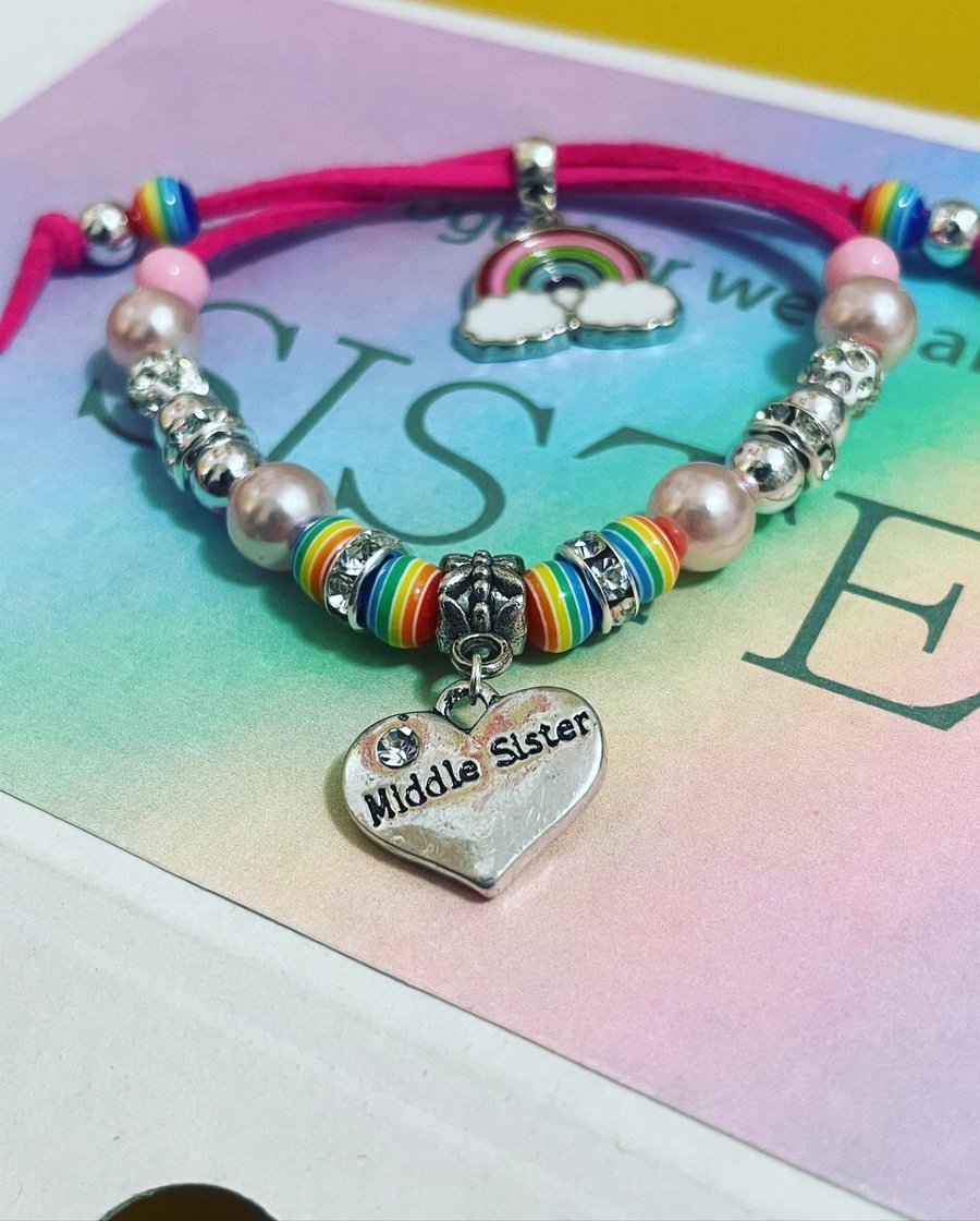 Middle sister sister gift bracelet pink rainbow suede cord effect bracelet