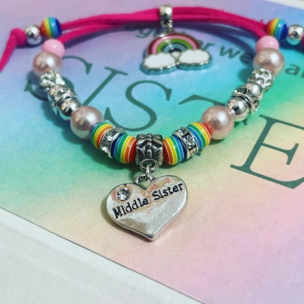 Middle sister sister gift bracelet pink rainbow suede cord effect bracelet