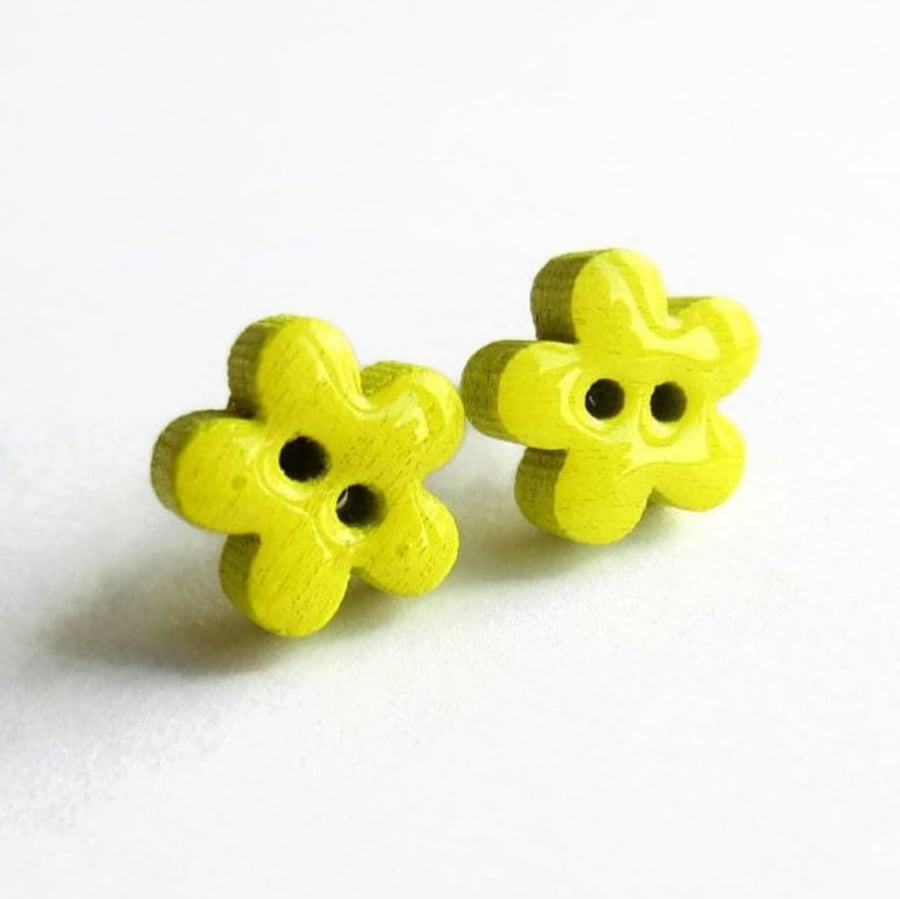 Bright Yellow Wooden Flower Button Stud Earrings - Hypoallergenic