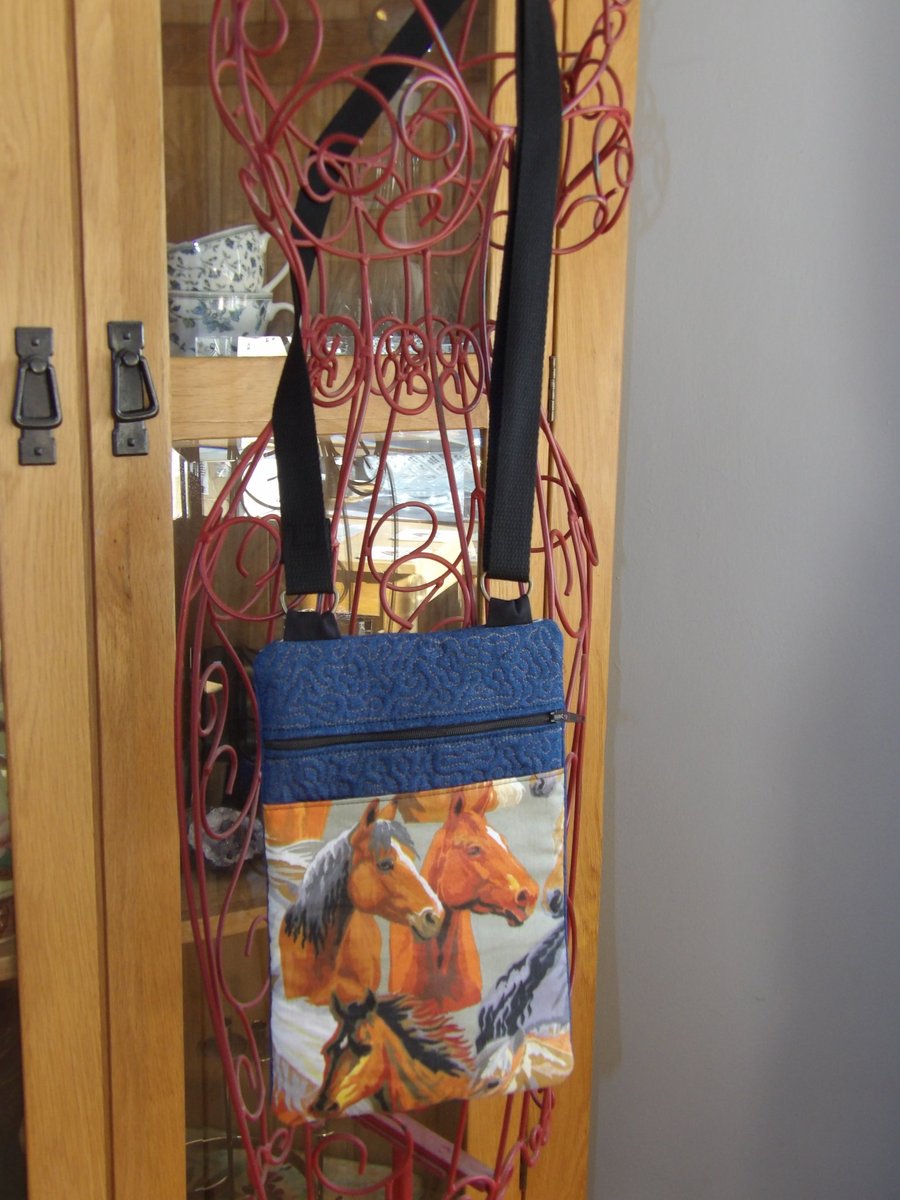 Denim cross body bag with horse fabric pocket new 