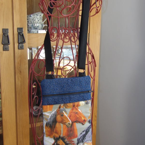 Denim cross body bag with horse fabric pocket new 