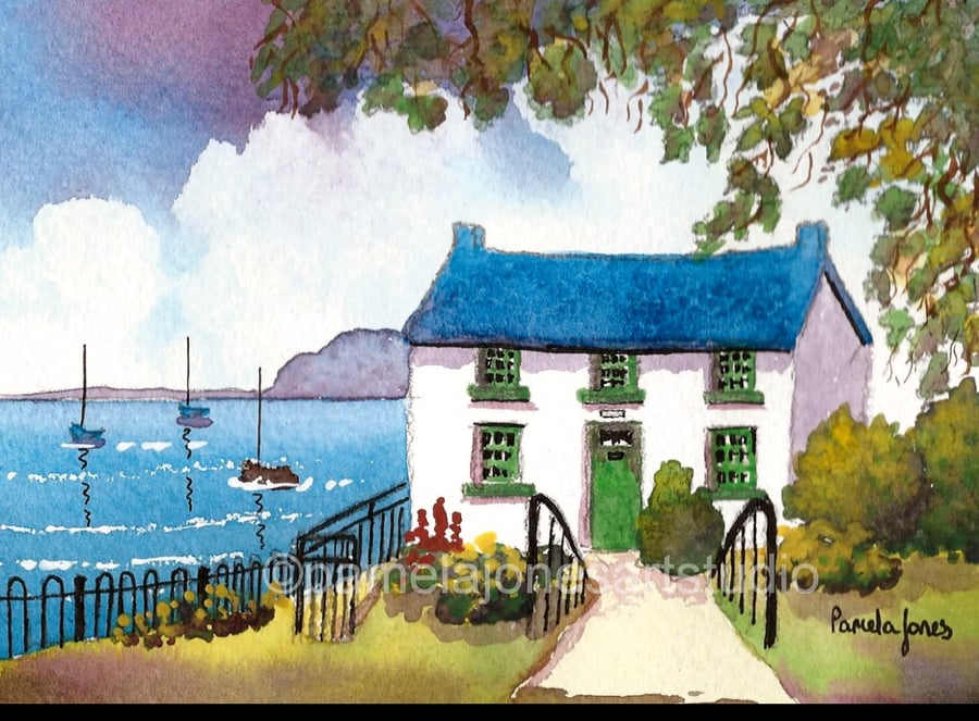Dylan Thomas, Boat House, Laugharne, Wales, Watercolour Print in 8 x 6'' Mount