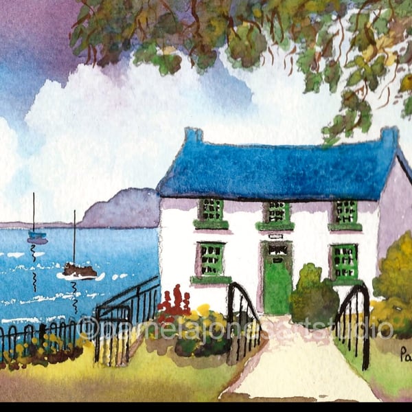 Dylan Thomas, Boat House, Laugharne, Wales, Watercolour Print in 8 x 6'' Mount