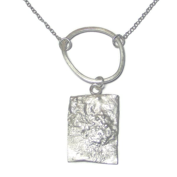 Sterling silver hoop and reticulated silver rectangle handmade pendant