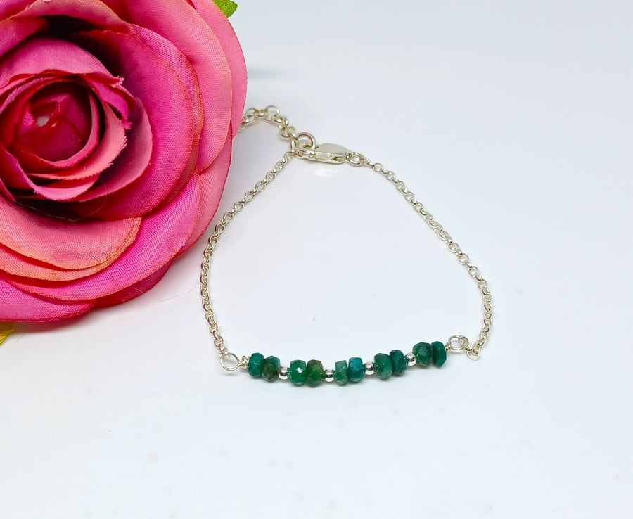 Emerald Faceted Gemstone Sterling Silver Stacking Bar Bracelet, Emerald and Silv