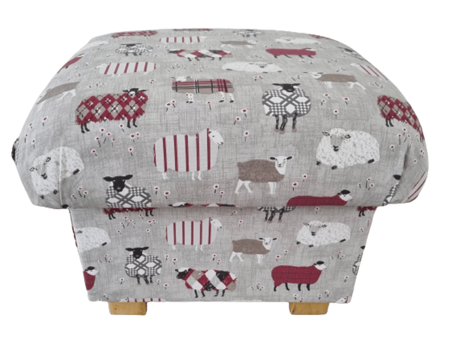 Storage Footstool Baa Sheep Fabric Pouffe Red Patchwork Lambs Animals Peony