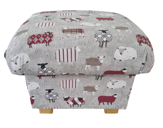 Storage Footstool Baa Sheep Fabric Pouffe Red Patchwork Lambs Animals Peony