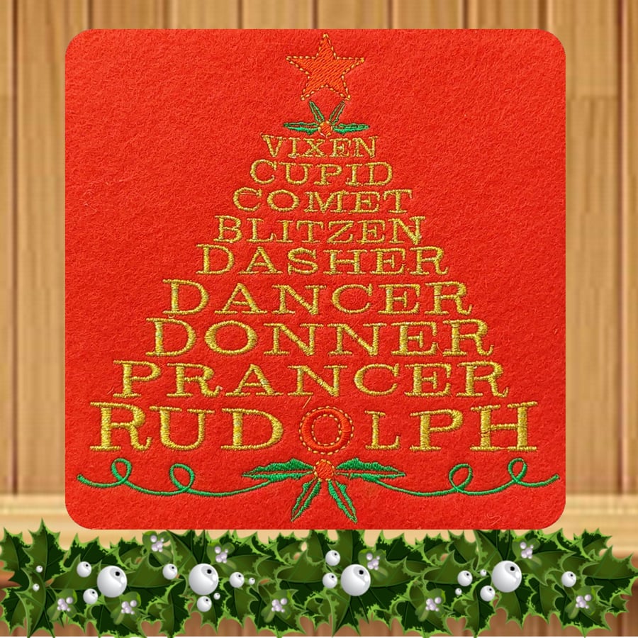 Reindeer Names Gold Christmas card Embroidered Design. Hand crafted 