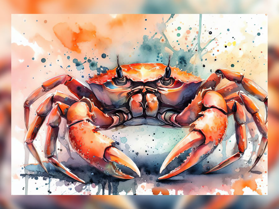 Vibrant Crab Watercolor Print - Dynamic 5x7 Marine Life Art Decor