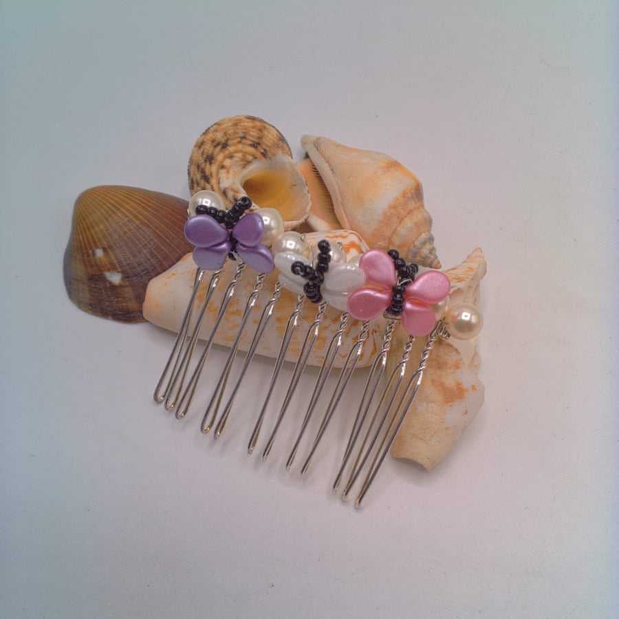 Pink Lilac & Cream Butterfly Hair Comb, Prom Hair Comb, Butterfly Hair Comb