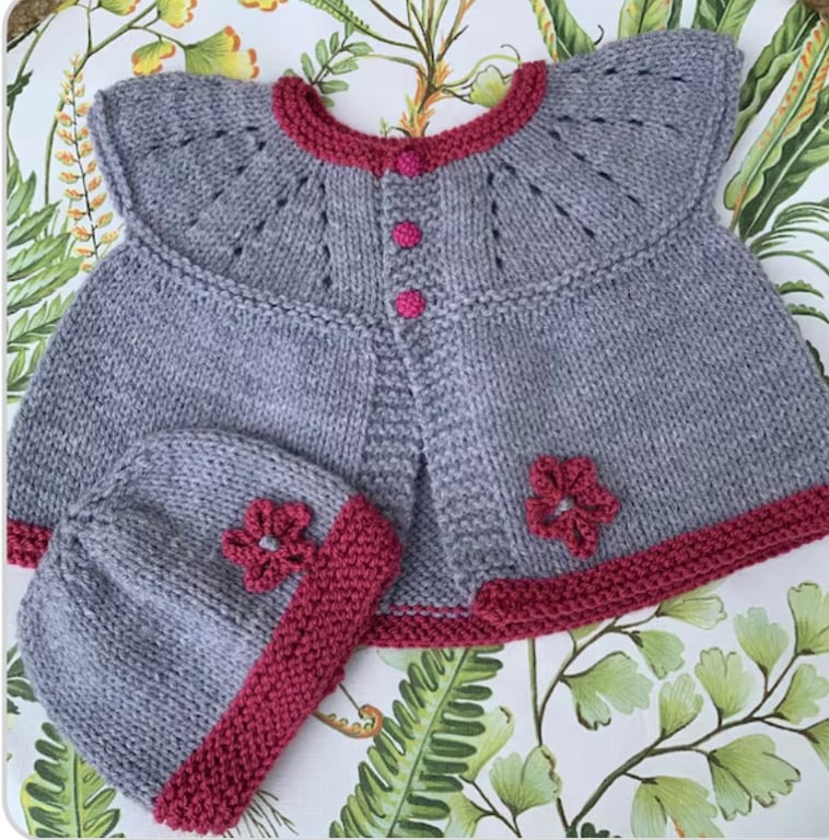 Knitted baby sleeveless cardigan and hat , grey and pink 