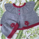 Knitted baby sleeveless cardigan and hat , grey and pink 