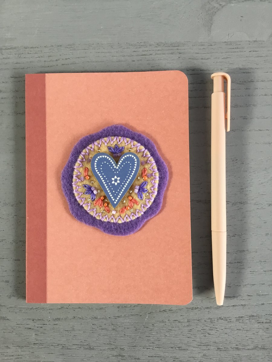 Hand Embroidered Heart Notebook and Pen Set 