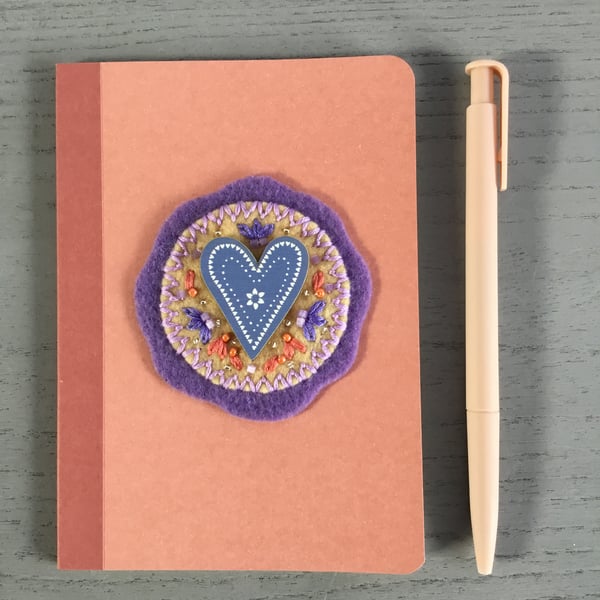 Hand Embroidered Heart Notebook and Pen Set 