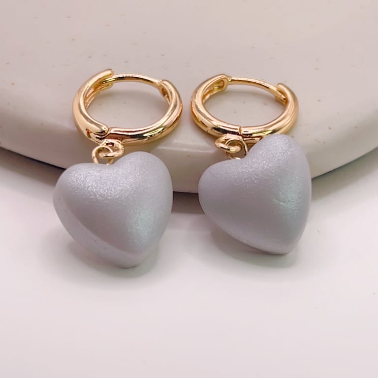 Silver heart dangle earrings for her, Lightweight polymer clay jewellery