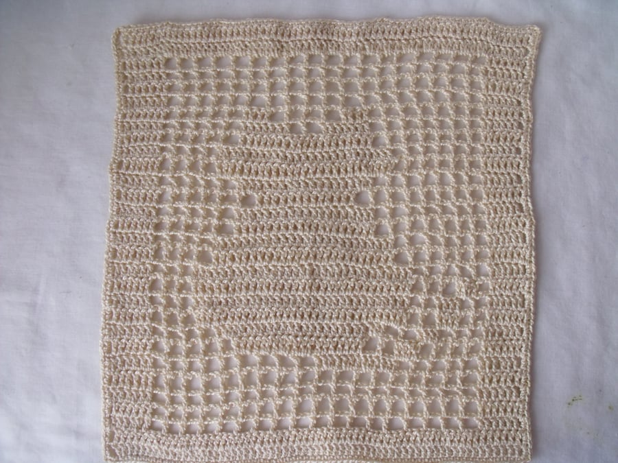 square filet crochet beige cat tray cloth, crocheted table cover