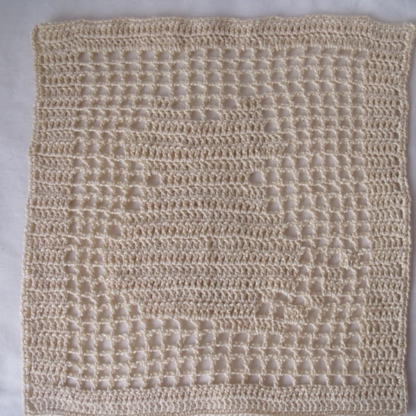 square filet crochet beige cat tray cloth, crocheted table cover