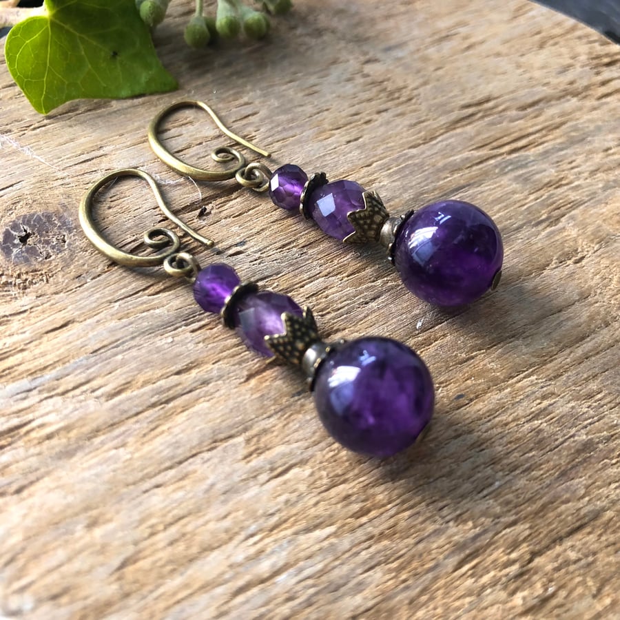 Amethyst Beaded Vintage Boho Earrings With Spiral Ear Wires. 
