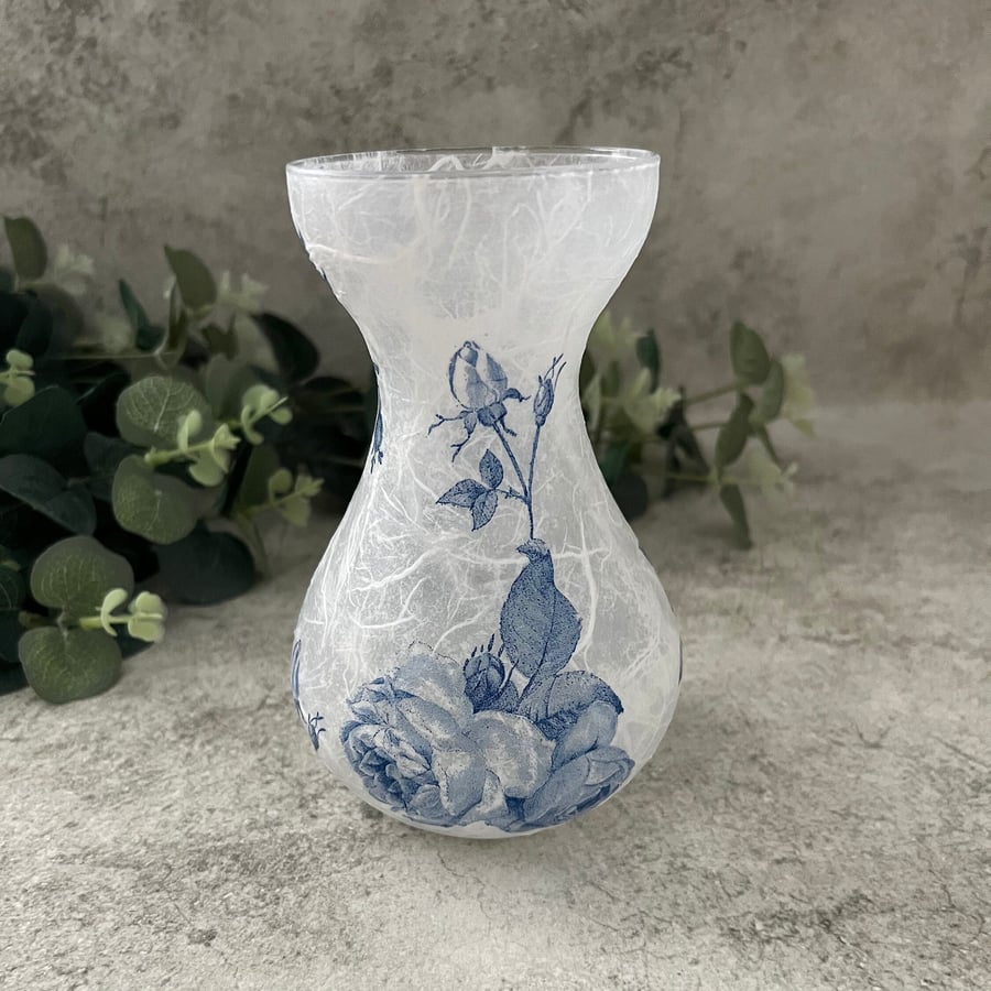 Decoupage Hour Glass Vase - Blue Rose, Floral Home Decor - upcycled