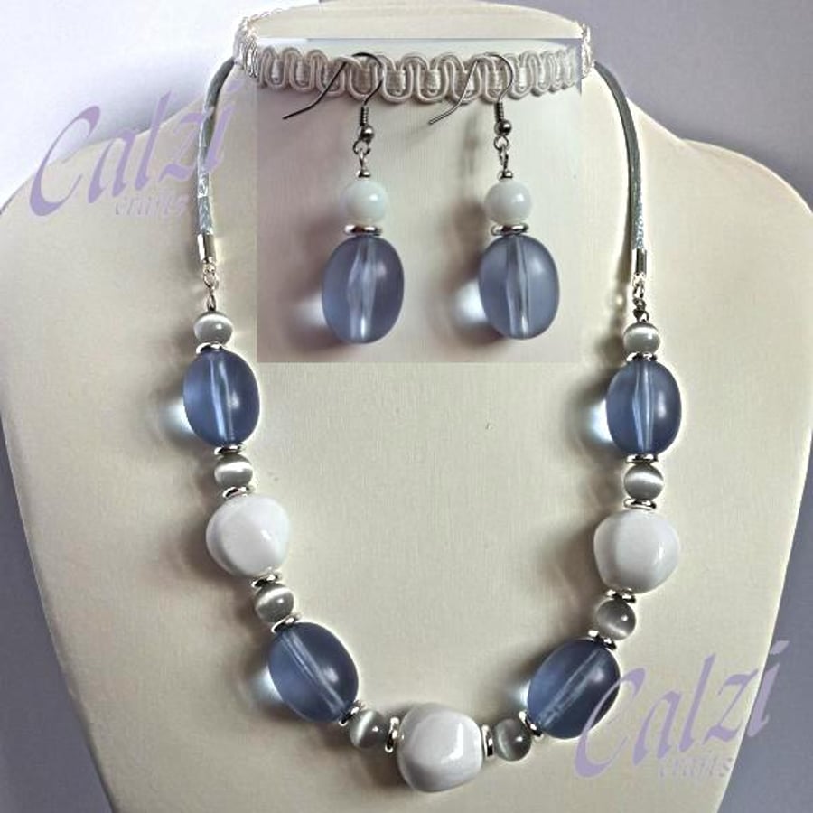 Lavender Glass, White Acrylic And Grey Cats Eye Beaded Necklace And Earrings