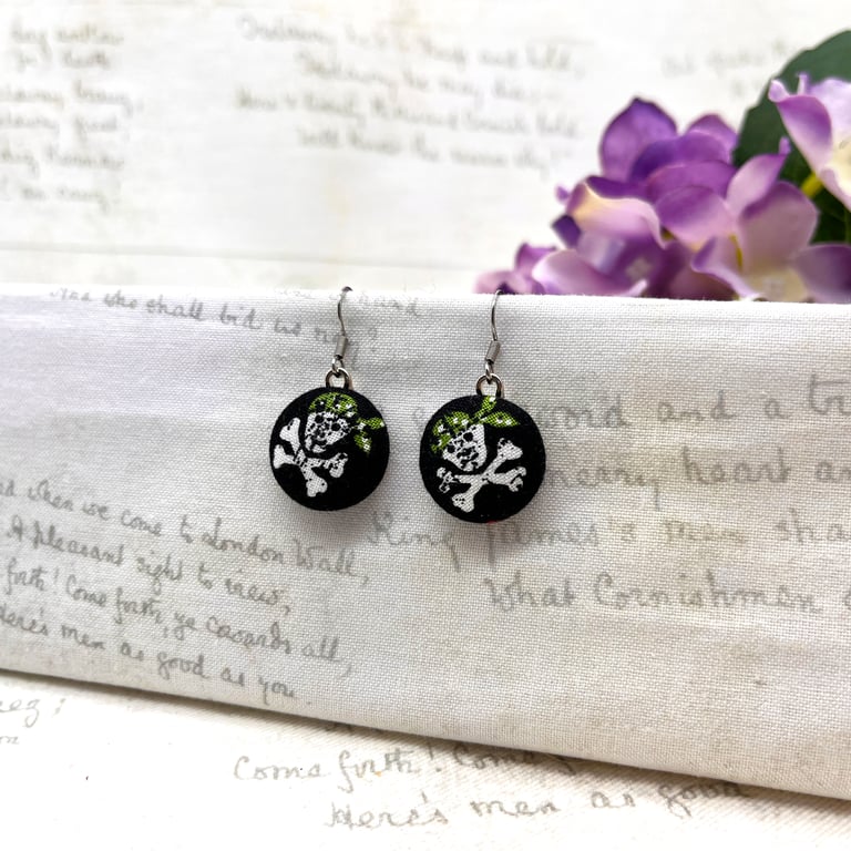 Skull and Crossbones pirate fabric button dangle earrings