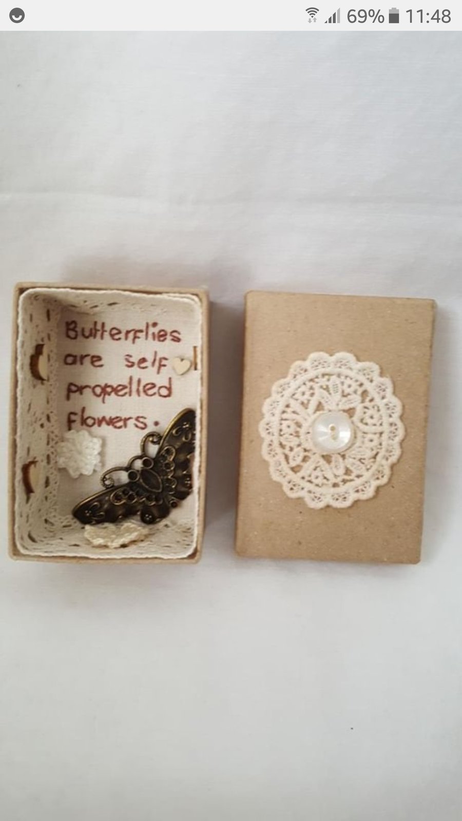 small miniature art diorama with a message 'butterflies are self propelled......