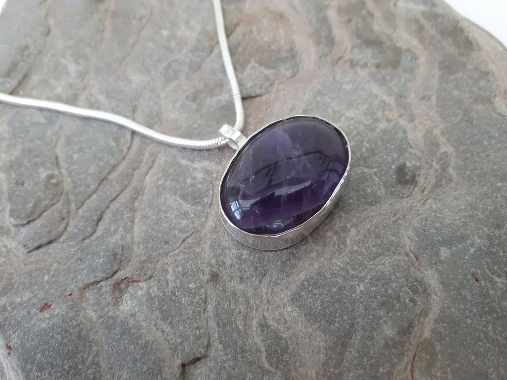 Sterling Silver and Amethyst Oval Pendant, February Birthstone 