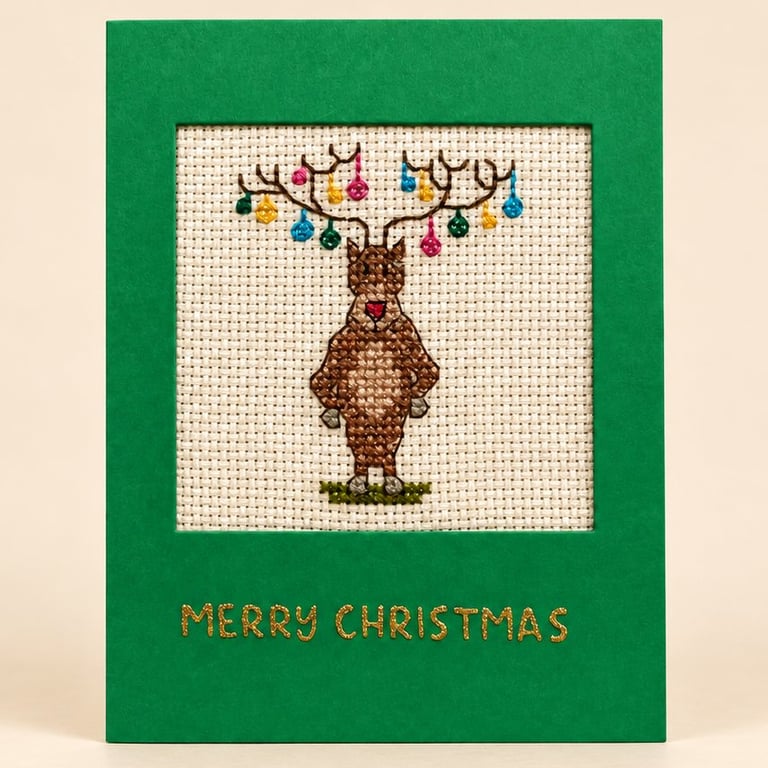 Handmade Cross Stitch Reindeer with Christmas Lights Card – 6 x 4 Inch