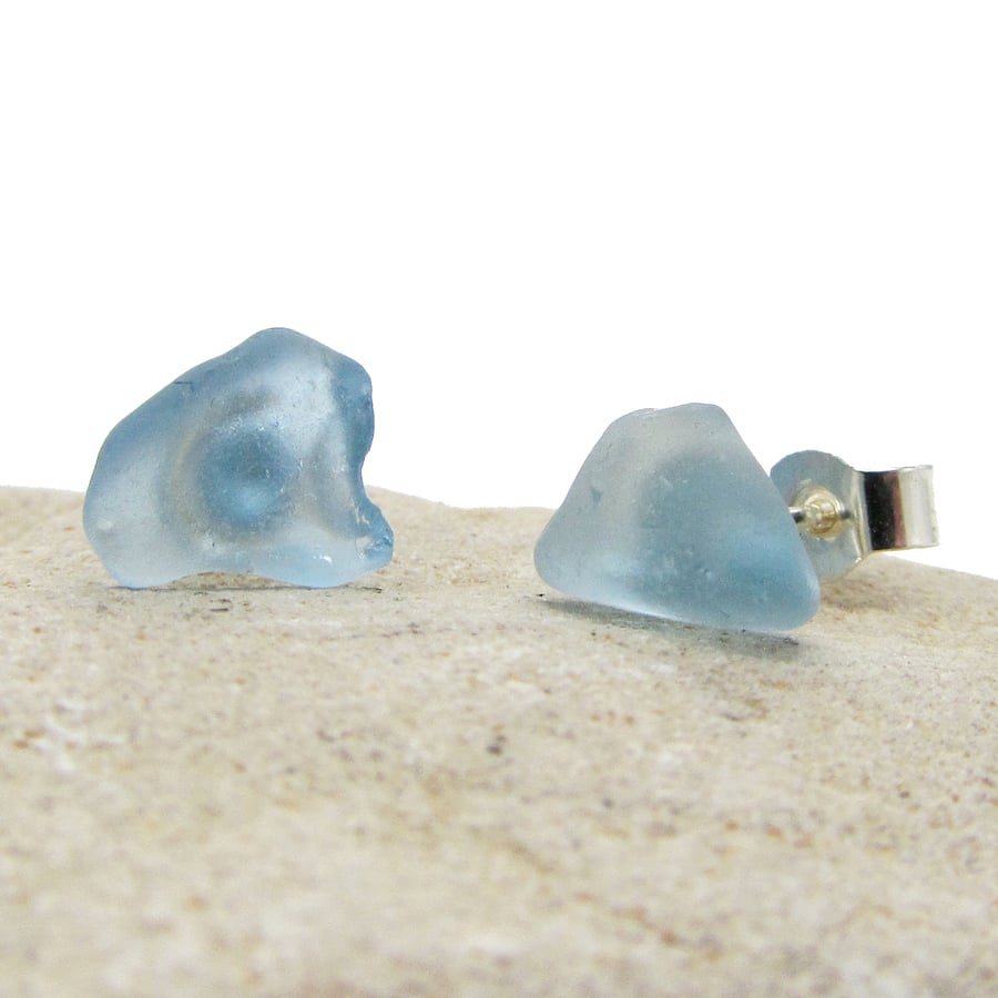 Sea Glass Stud Earrings Pale Blue Scottish Silver Handmade Seaglass Jewellery