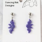 Mini Purple Bats with Glitter, Small Dangle Earrings, Polymer Clay Jewellery