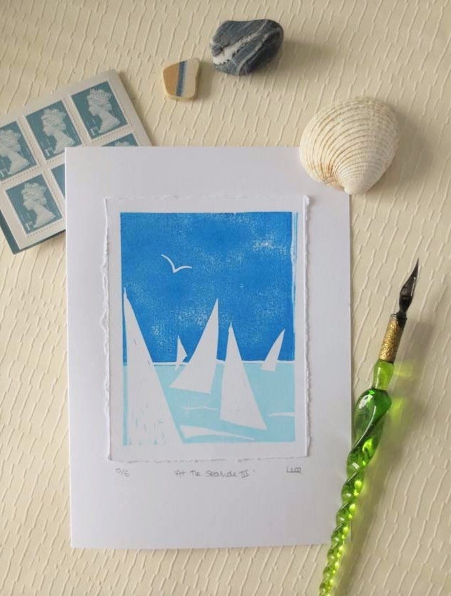 Sailing inspired hand printed blank greeting card - At the Seaside III