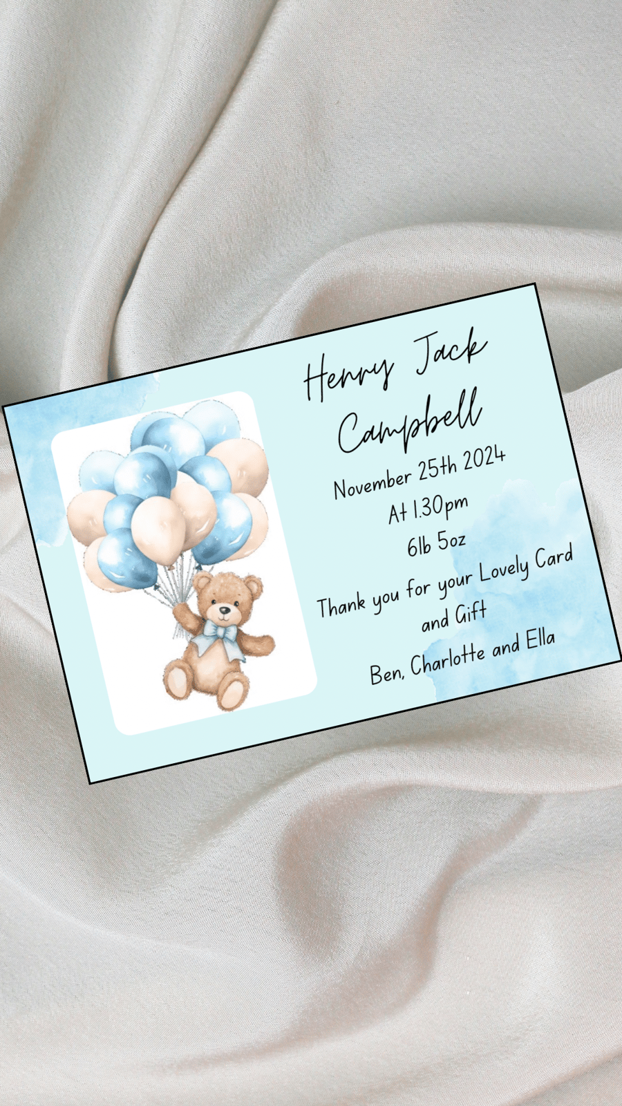10 Personalised Baby Boy Thank You Cards