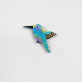 Hummingbird wall art, miniature flying bird ornament, wooden bird decor.