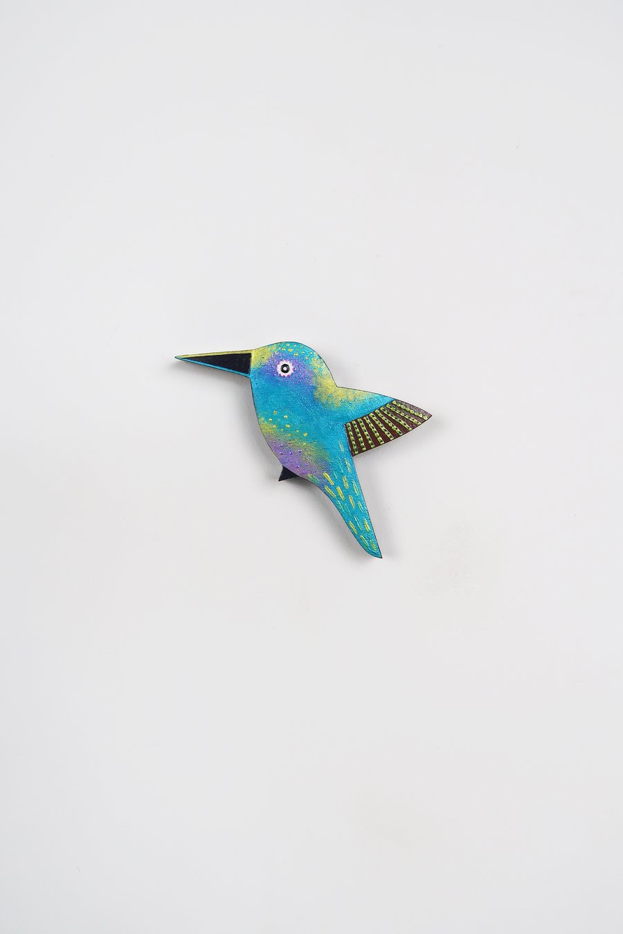 Hummingbird wall art, miniature flying bird ornament, wooden bird decor.