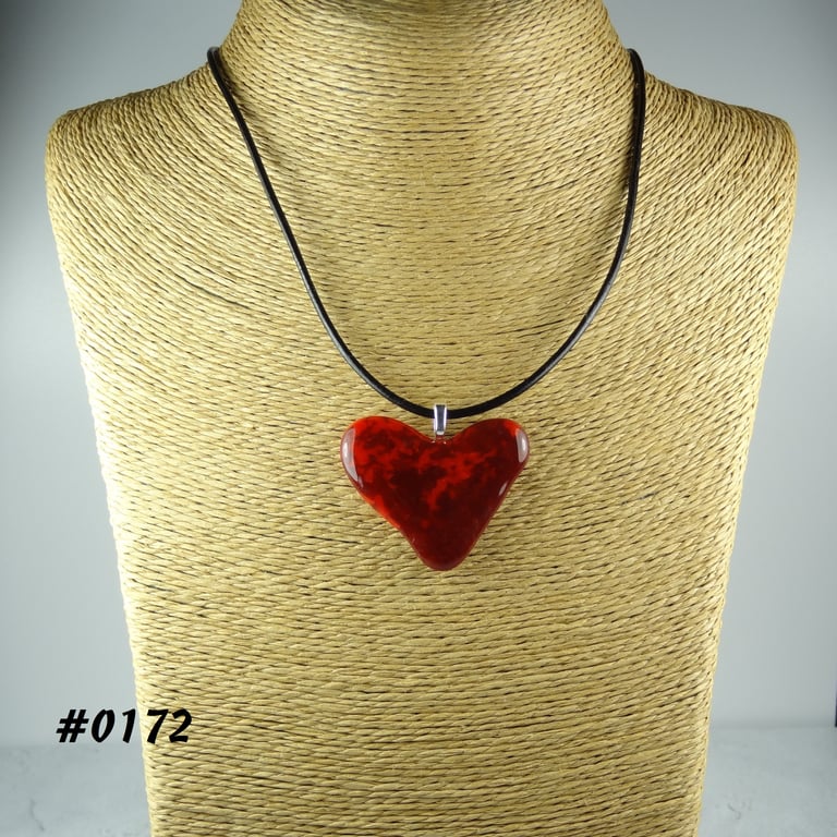 Red handcrafted fused glass heart pendant on a black leather cord (0172)