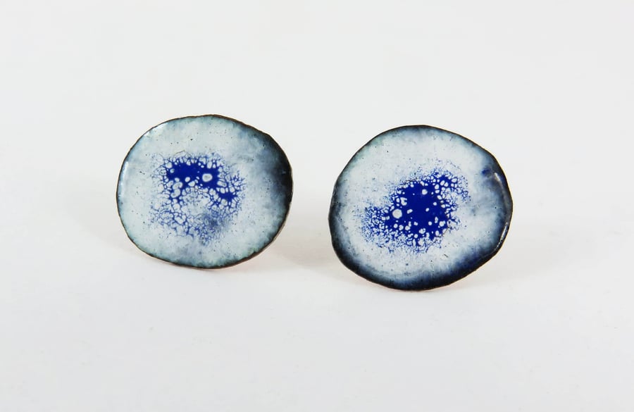 Round Blue, White and Black Enamel Studs in Copper and Silver