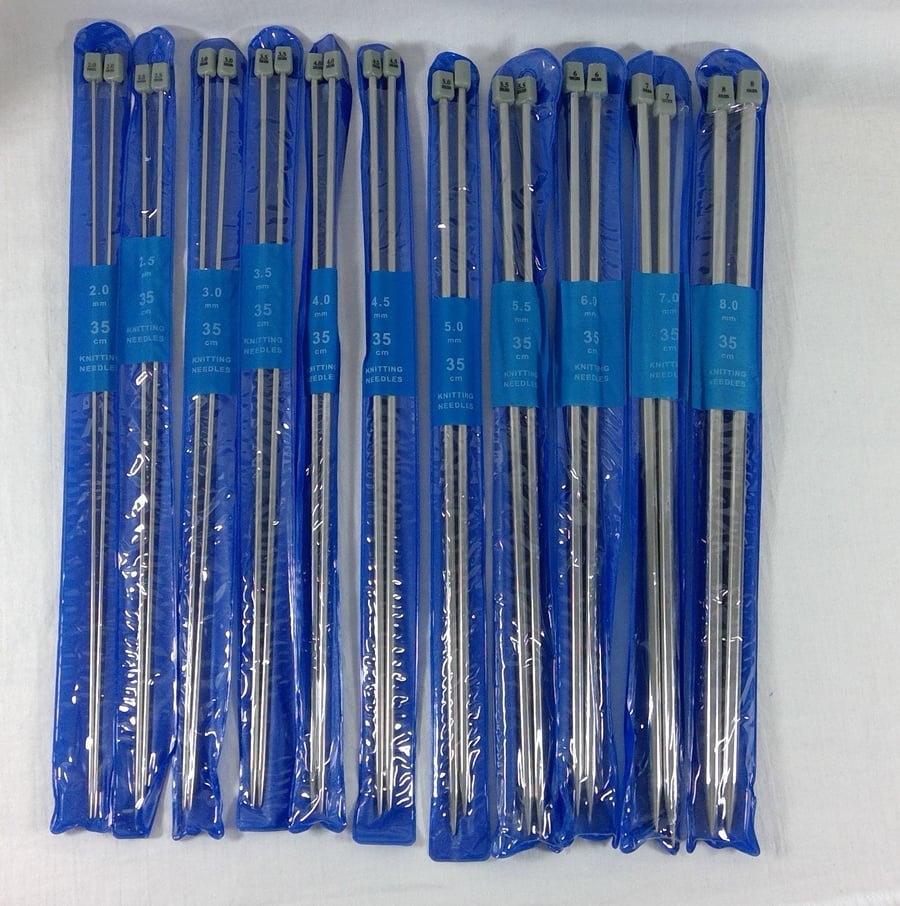 Full set of 11 pairs of stainless steel knitting needles, 35cm 14 inch straight 