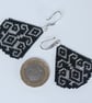 Teardrop Beaded Earrings in Black with Silver Geometric Pattern - Image 5