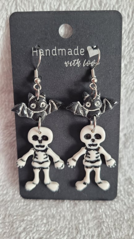 Halloween Skeleton and Bat Polymer Clay Earrings. 316 Surgical Stainless Steel