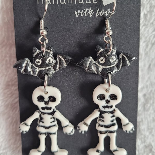 Halloween Skeleton and Bat Polymer Clay Earrings. 316 Surgical Stainless Steel