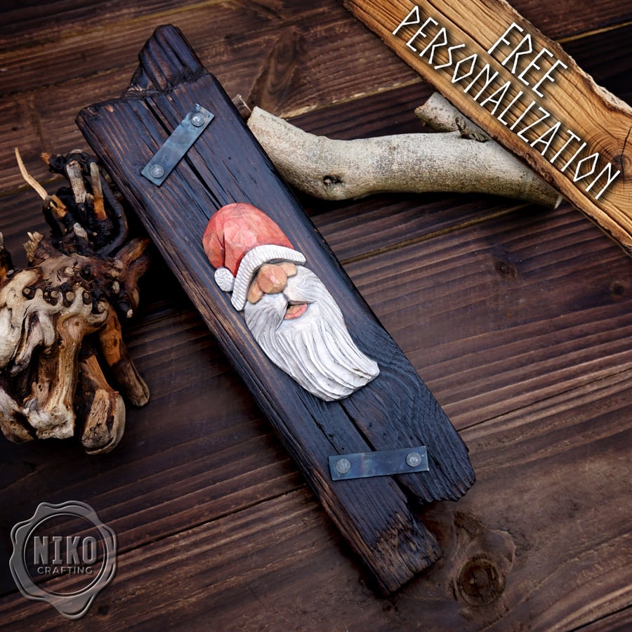Hand-Carved Santa Claus Wall Art- Rustic Christmas Decoration - Personalised (B)