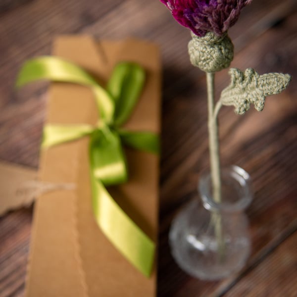 Thistle Flower Crochet Bookmark with Gift Packaging (plum colour palette)