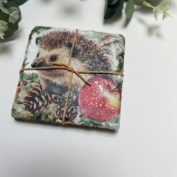 Slate Coasters Set of 2 - Decoupage Hedgehog, Kitchen, Gift Idea, Upcycled