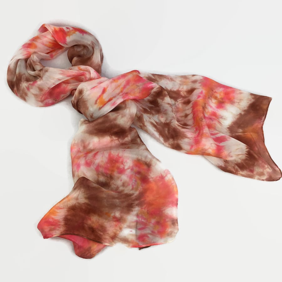 Hand dyed silk scarf in brown, orange and red