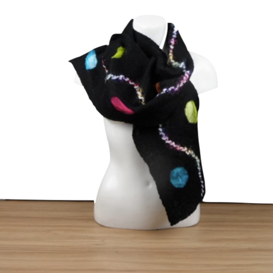 Black merino wool felted scarf with multicoloured silk inclusions SALE